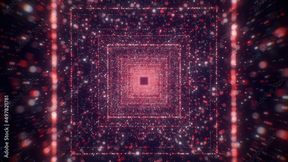 Poster space tunnel with square neon lines. motion. beautiful tunnel with bright colorful particles and neo