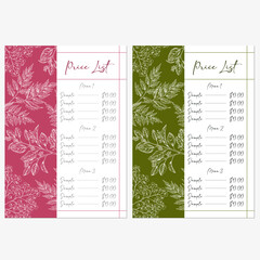 set of price list template designs with hand drawn illustration of herbs