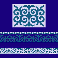 Set of 2 seamless border and vector ornamental elements with motifs of Kazakh, Kyrgyz, Uzbek, national Asian decor for borders, textile, plate, tile, and print design. Workpiece for your design.