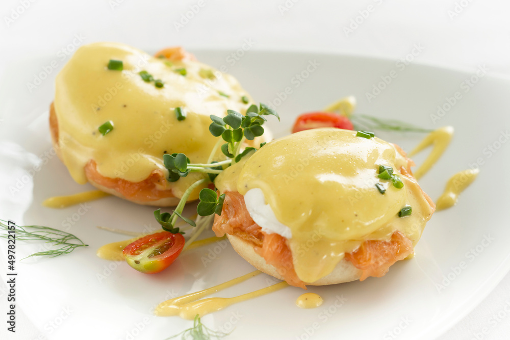 Wall mural eggs benedict royale breakfast with smoked salmon and hollandaise sauce