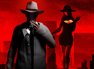 3d render illustration of noir style male detective smoking with sexy lady in black dress standing on cityscape background.