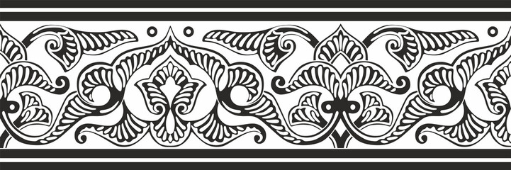Vector monochrome seamless oriental national ornament. Endless ethnic floral border, arab peoples frame. Persian painting.
