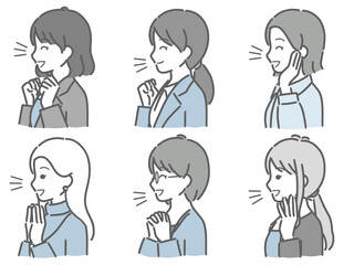 喜ぶ若い女性の横向き上半身セット（仕事向きの服装）