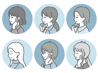 困る若い女性の横向き丸アイコンセット（仕事向きの服装）