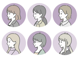 若い女性の横向き丸アイコンセット（仕事向きの服装）