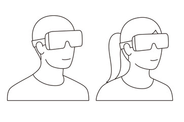 Man and women wearing Virtual reality glasses. front view, playing games, vector illustration