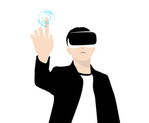 Man wearing VR glasses, hands up, touching the screen, doing data analysis