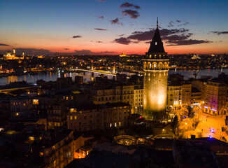 Fototapeta na wymiar Galata Tower in the Sunset Time Drone Photo, Beyoglu Istanbul Turkey