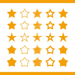 Star vector in various styles. Set of yellow stars cartoon flat design isolated on white background. Vector illustration.