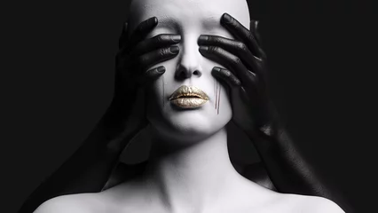 Eine tränenreiche weibliche Figur, der von hinten von einer Hand die Augen verbunden werden. 3D-Darstellung. © pictosmith