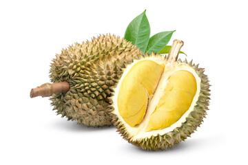 Durian fruit with cut in half and leaves  isolated on white background.