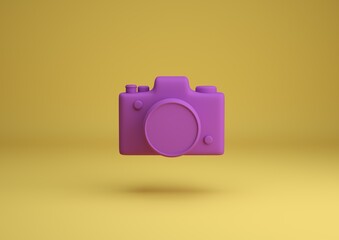 Pink camera on yellow background 3d render illustration