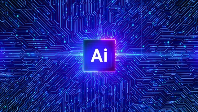 Artificial intelligence AI, machine learning computer Business Technology Loop Background. Internet and network. Futuristic CPU Circuit. 3D Visualization AI Processor Power. Digitalization Process.