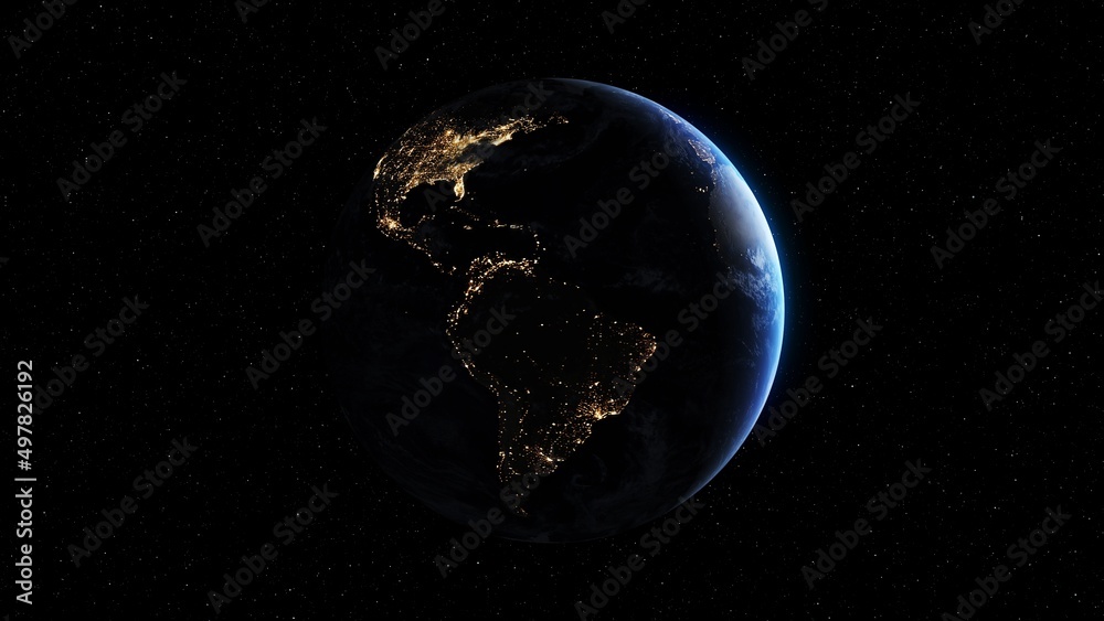 Wall mural planet earth with realistic geography surface and orbital 3d cloud atmosphere . outer space view of 