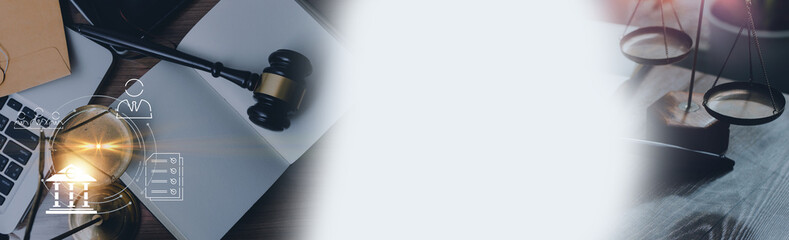 justice and law concept.Male judge in a courtroom on wooden table and Counselor or Male lawyer...