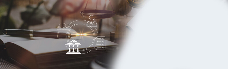 justice and law concept.Male judge in a courtroom on wooden table and Counselor or Male lawyer...