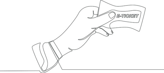 Single continuous line drawing of Man is holding e-tickets for the plane. one line draw design graphic vector illustration.