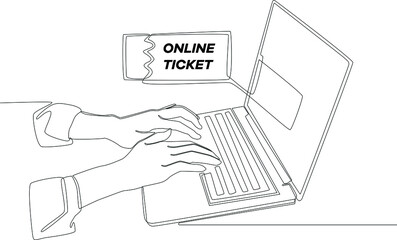 Continuous one line drawing of consumer ordering online ticket with a laptop. Single line draw design vector graphic illustration.