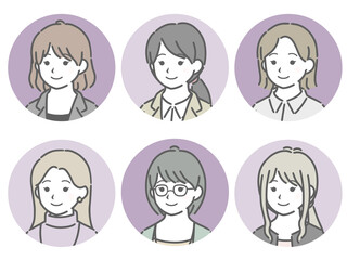若い女性の斜め向き丸アイコンセット（仕事向きの服装）
