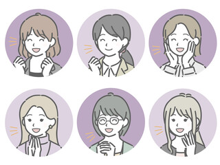 喜ぶ若い女性の斜め向き丸アイコンセット（仕事向きの服装）