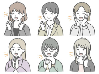 喜ぶ若い女性の斜め向き上半身セット（仕事向きの服装）