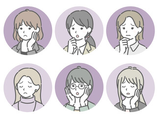 困る若い女性の斜め向き丸アイコンセット（仕事向きの服装）