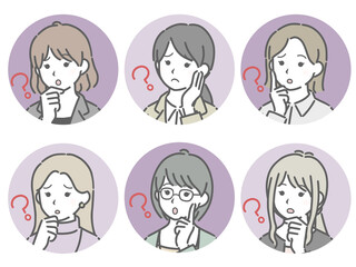 疑問に思う若い女性の斜め向き丸アイコンセット（仕事向きの服装）