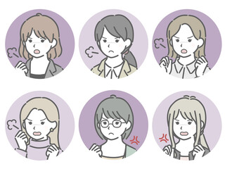 怒る若い女性の斜め向き丸アイコンセット（仕事向きの服装）