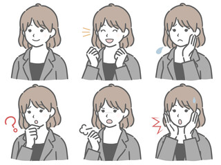 スーツの若い女性の斜め向き表情セット