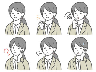 スーツの若い女性の斜め向き表情セット