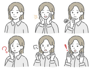 私服の若い女性の斜め向き表情セット