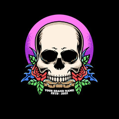 Skeleton red rose psychedelic illustration