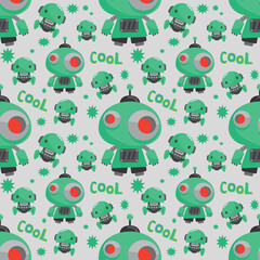 Little green robot seamless pattern on gray background.