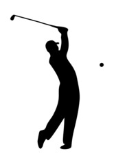 Golfing guy swinging at a golf ball silhouette graphic