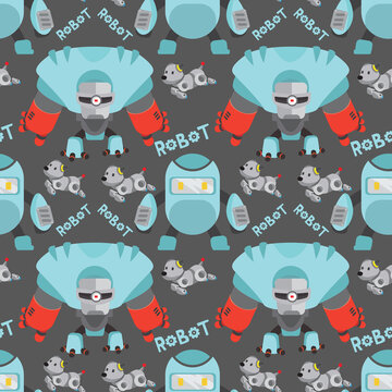 Aqua robot seamless pattern with puppy gray background