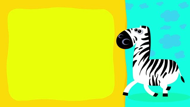 Cartoon character zebra animal walking loop animation for titles. Cute intro frame included, seamless loop. 