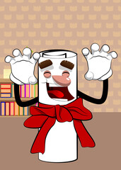 Rolled paper with red ribbon as a diploma is trying to scare you. Cartoon Character.