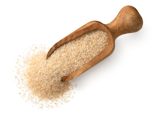 Raw psyllium husk in the wooden scoop, isolated on white background, top view.