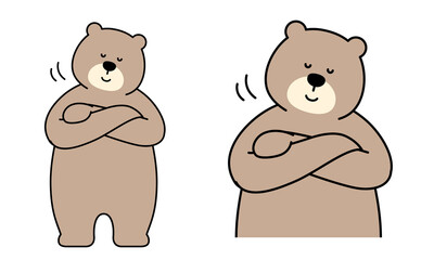腕組みしてうなずく熊のキャラクターの全身イラスト素材。