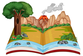 Book with scene of volcano eruption