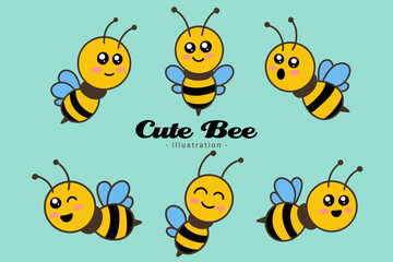 Set of Cute Bee Honey Animal with different pose cartoon clipart childish little bee mascot flat design