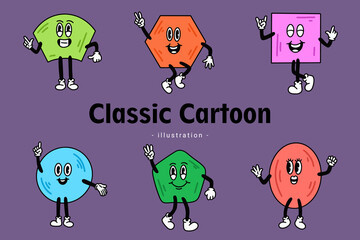 Set of Cute Classic Vintage Cartoon Comic emotion Happy with face expression hand and foot doodle character