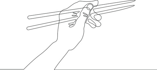 The hand holds chopsticks. Asian traditional cutlery.One continuous line drawing. Line Art isolated white background.