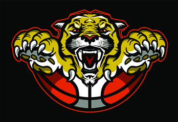 angry cougar mascot with half basketball for school, college or league