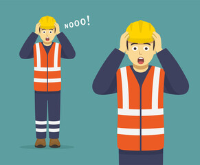 Isolated terrified and scared young male construction worker holding his head and yelling no. Front view. Flat vector illustration template.
