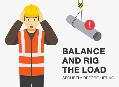 Workplace golden safety rule. Balance and rig the load securely before lifting. Terrified male character holding his head and yelling no. Flat vector illustration template.