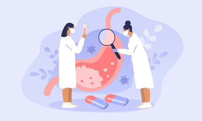 vector illustration in a flat style on the theme of gastroenterology. Two doctors examining the stomach