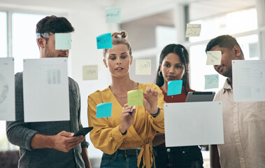 Allocating their time, effort and resources strategically. Shot of a group of businesspeople brainstorming with notes on a glass wall in an office.