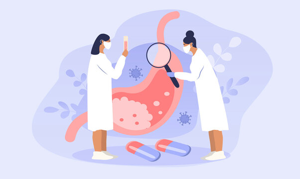 Vector Illustration In A Flat Style On The Theme Of Gastroenterology. Two Doctors Examining The Stomach