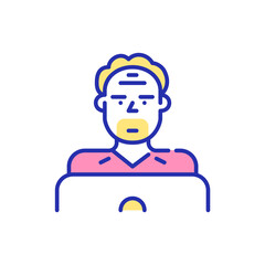 Middle-aged man working at a laptop. Older Internet user. Pixel perfect, editable stroke fun color icon